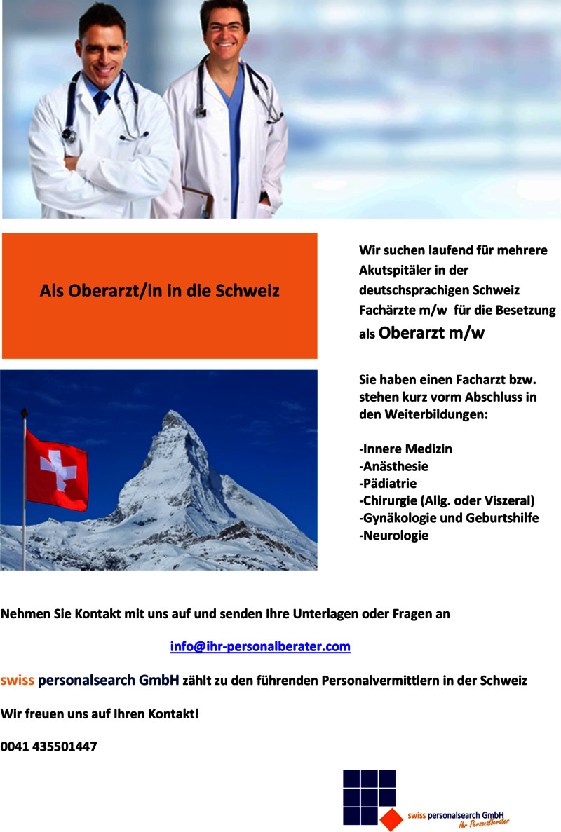 Stellenanzeige Als Facharzt m/w/d  in die Schweiz