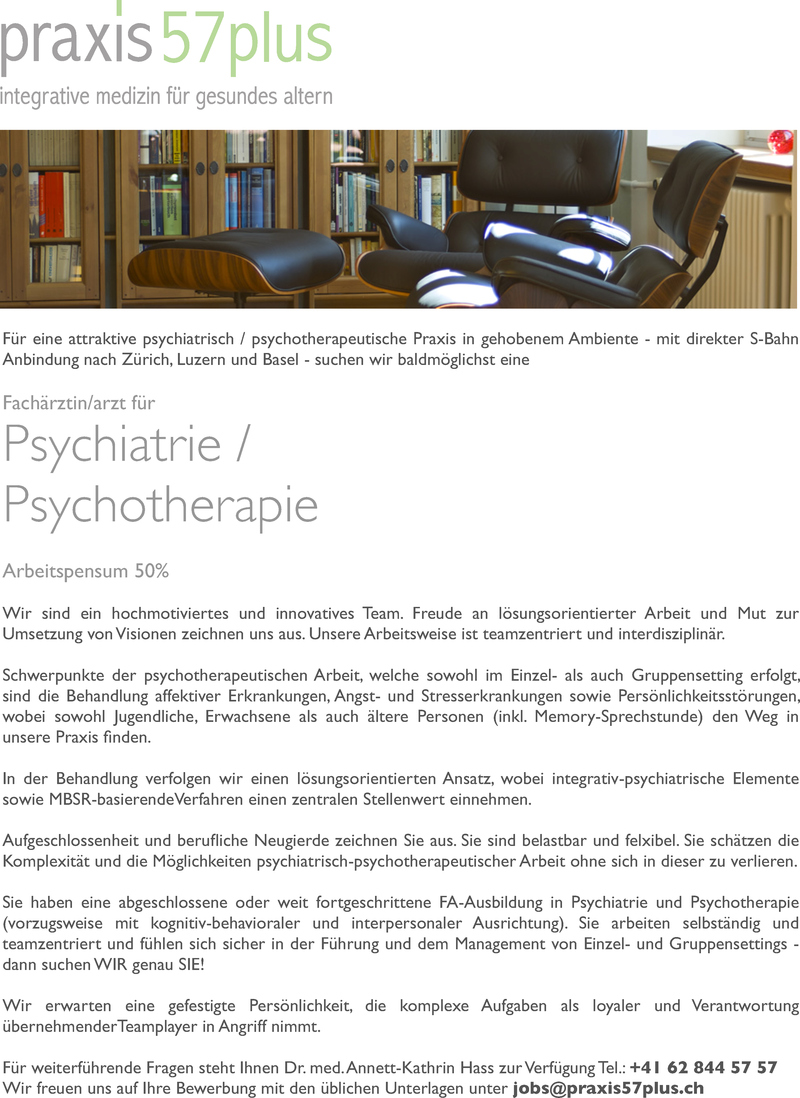 Stellenanzeige Fachrztin/arzt Psychiatrie und Psychotherapie