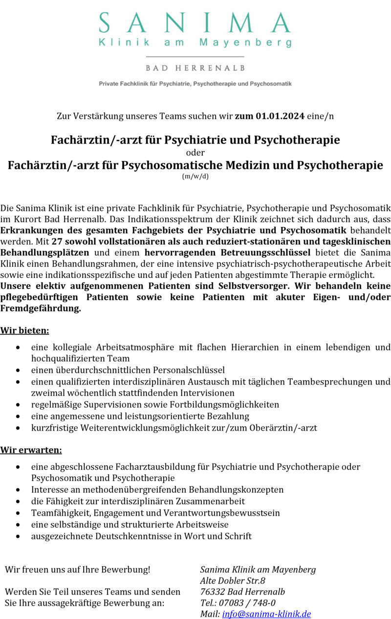 Stellenanzeige Fachrztin/-arzt fr Psychiatrie und Psychotherapie oder Fachrztin/-arzt fr Psychosomatische Medizin und Psychotherapie