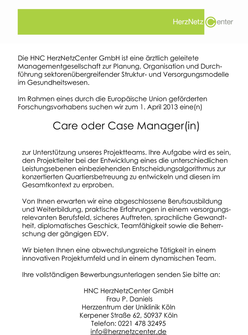 Stellenanzeige Care oder Case Manager(in)