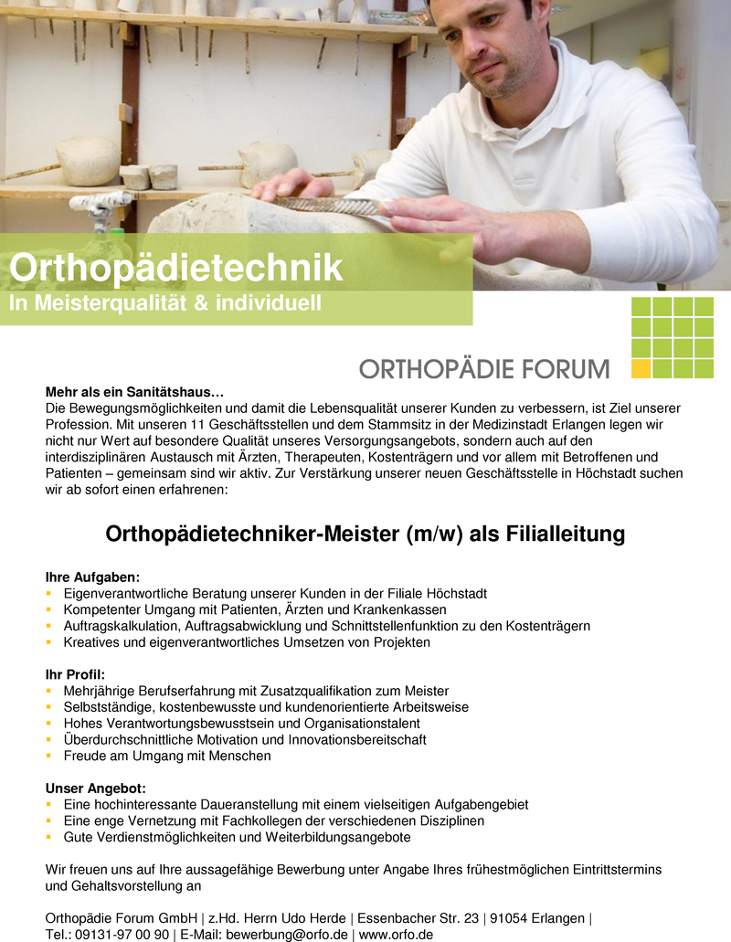 Stellenanzeige Orthopdietechniker-Meister (m/w) als Filialleitung