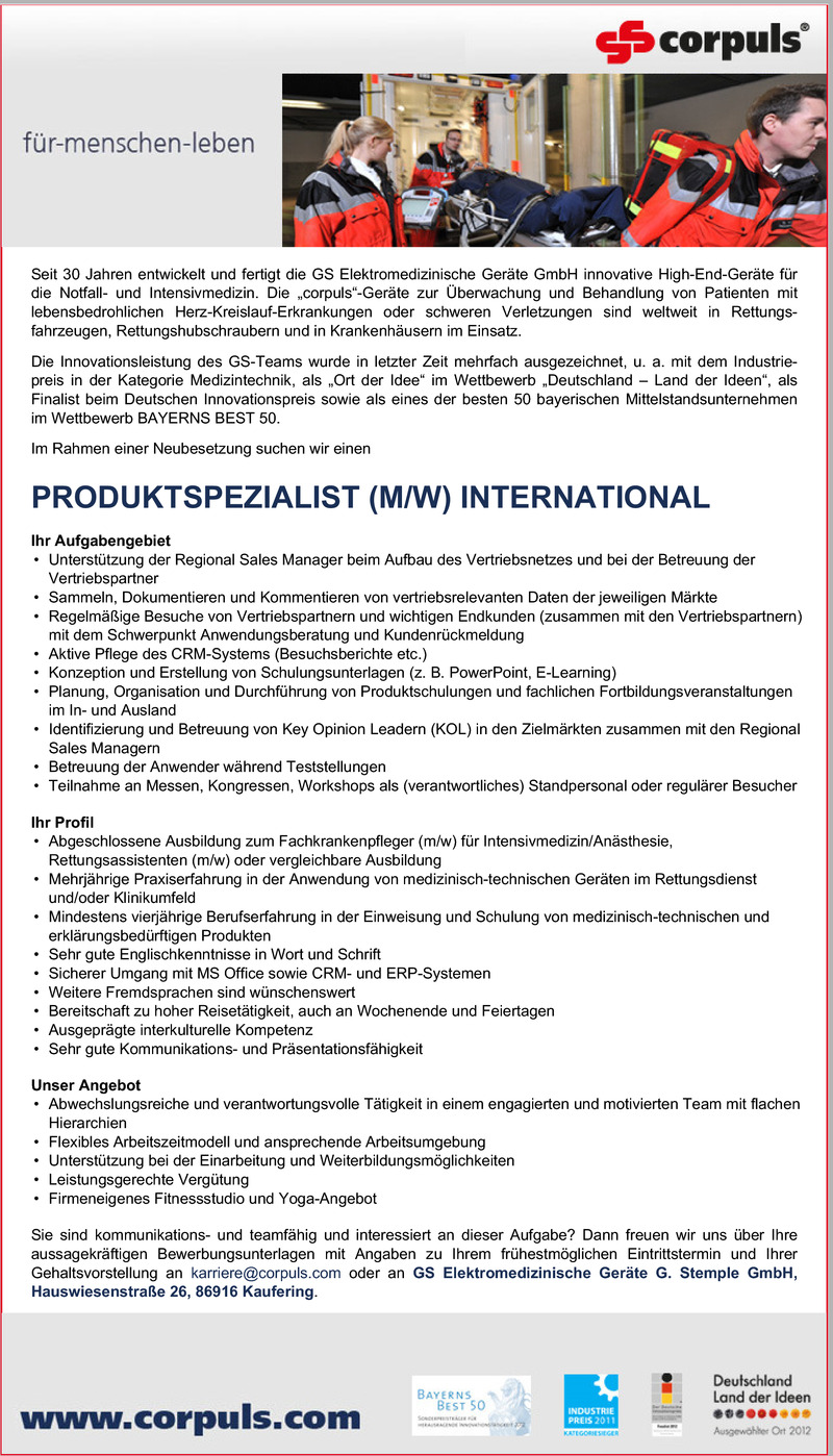 Stellenanzeige Produktspezialist (m/w) International