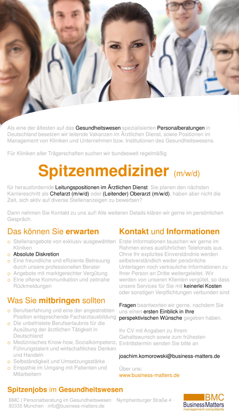 Stellenanzeige Chefrzte (m/w/d) und (Leitende) Oberrzte (m/w/d) fr verschiedene Kliniken bundesweit (Mnchen, Berlin, Kln, ...) gesucht +++ Fhrende Personalberatung im Gesundheitswesen +++ Absolute Vertraulichkeit +++ 