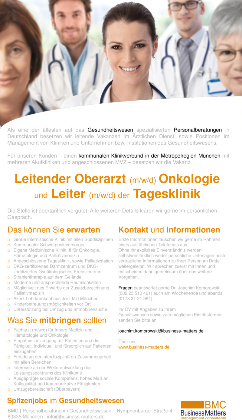 Stellenanzeige Leitender Oberarzt (m/w/d) Med. Klinik III als Sektionsleiter (m/w/d) in der Onkologie +++ Schwerpunktversorger +++ Kommunaler Trger +++ Metropolregion Mnchen +++