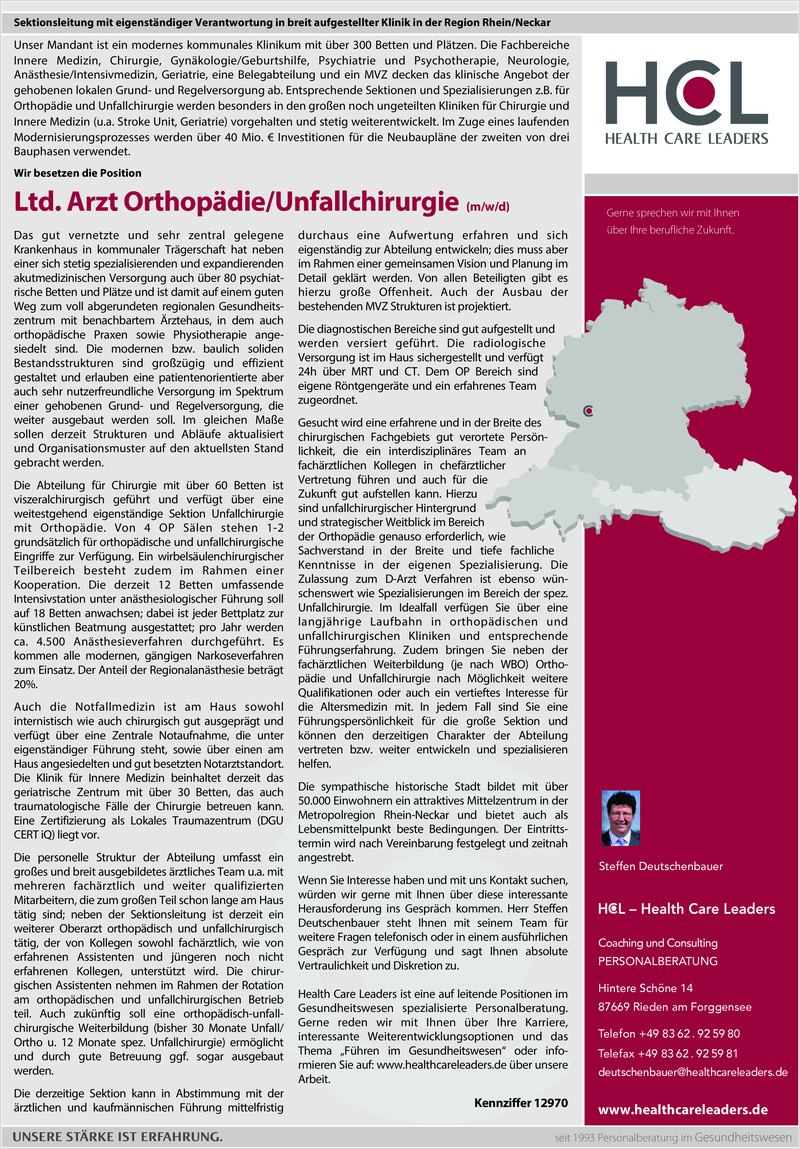 Stellenanzeige Ltd. Arzt Orthopdie/Unallchirurgie  (m/w/d) Ref: 12970