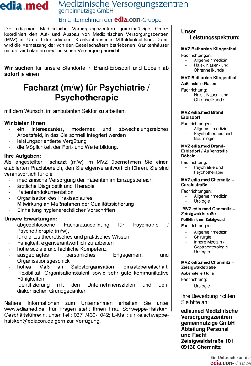 Stellenanzeige Facharzt fr Psychiatrie / Psychotherapie
