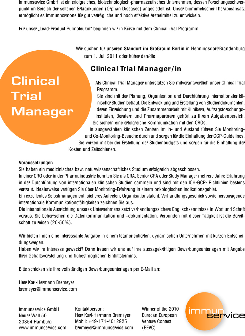 Stellenanzeige Clinical Trial Manager/in 