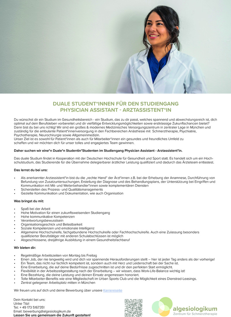 Stellenanzeige Dualer Student (m/w/d) Physician Assistant - Arztassistent*in