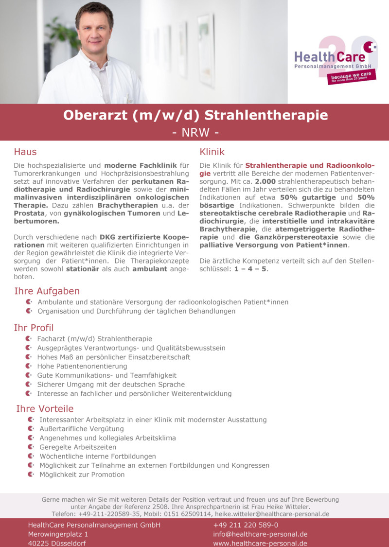Stellenanzeige Oberarzt (m/w/d) Strahlentherapie Projekt Nr. 2508 - NRW -