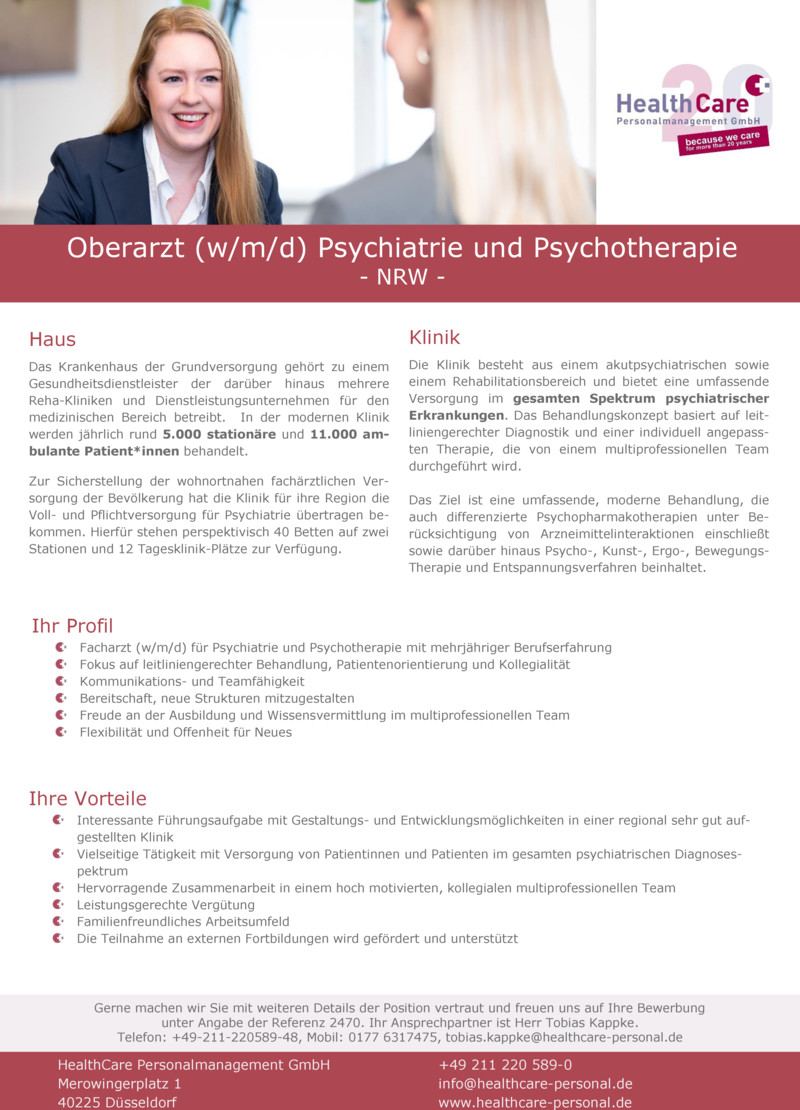 Stellenanzeige Oberarzt (w/m/d) Psychiatrie und Psychotherapie Projekt Nr. 2470