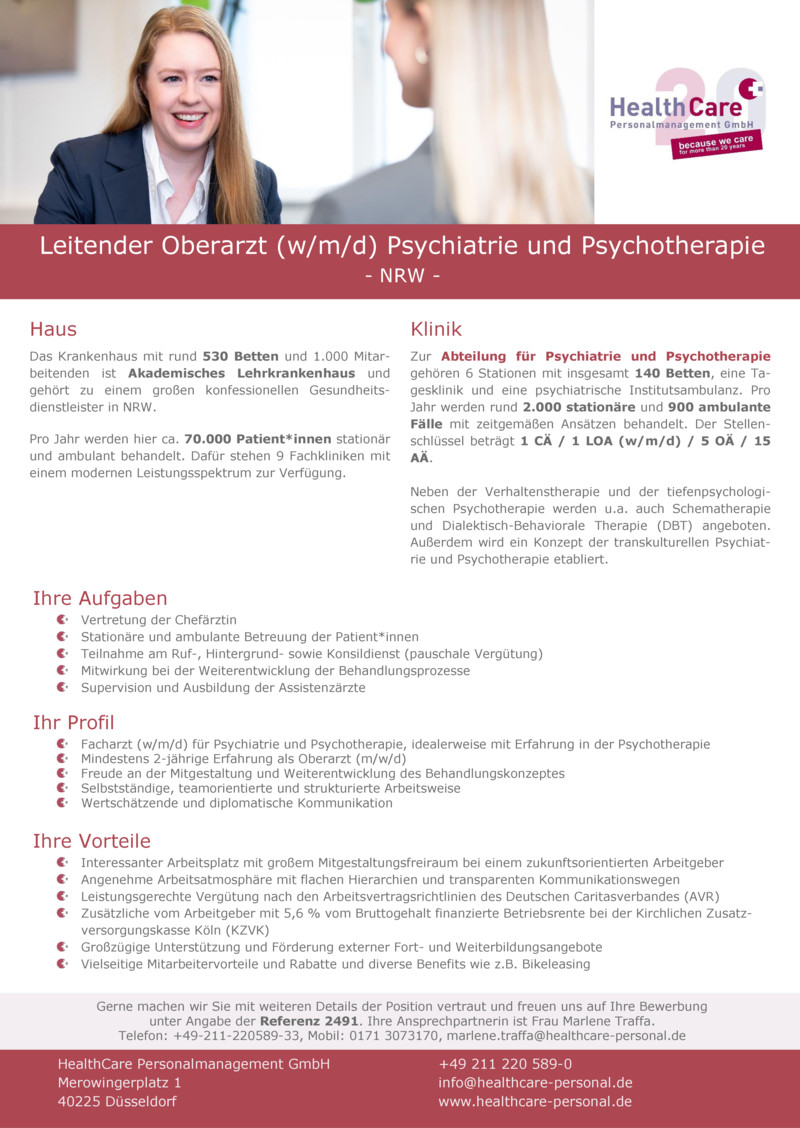 Stellenanzeige Leitender Oberarzt (w/m/d) Psychiatrie und Psychotherapie