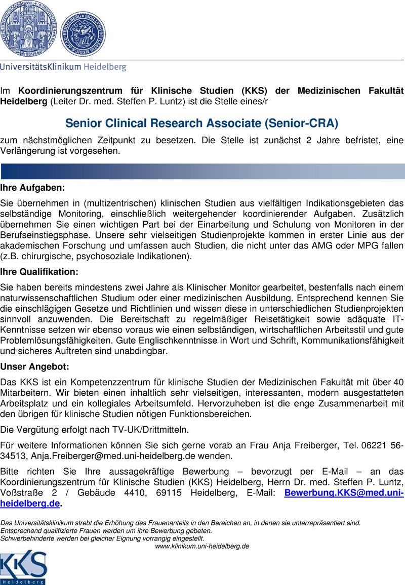 Stellenanzeige Senior Clinical Research Associate (Senior-CRA)