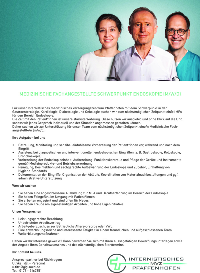 Stellenanzeige Medizinische Fachangestellte Schwerpunkt Endoskopie (m/w/d) 