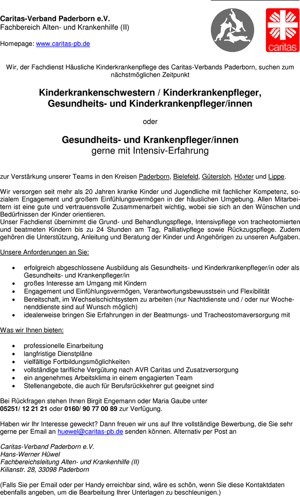 Stellenangebot Gesundheits Und Kinderkrankenpfleger M W In Paderborn Job