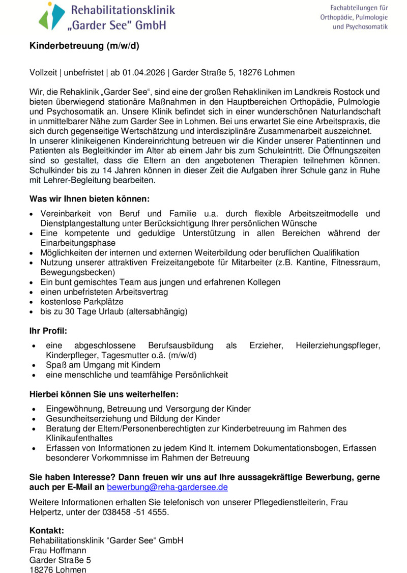 Stellenanzeige Kinderbetreuung