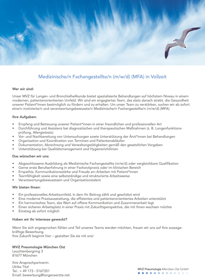 Stellenanzeige Medizinische/n Fachangestellte/n (m/w/d) (MFA) in Vollzeit