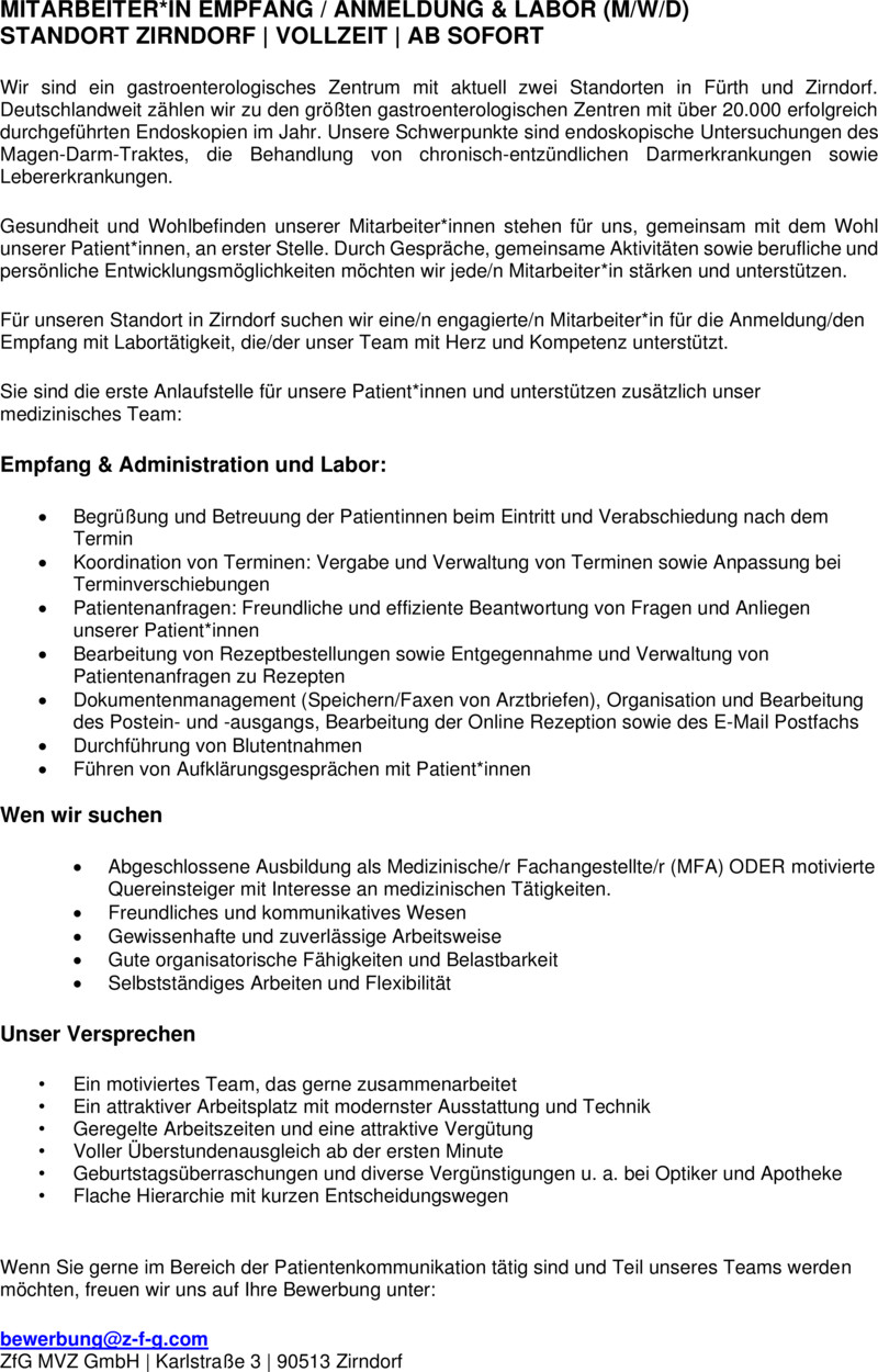 Stellenanzeige Mitarbeiter (m/w/d) Anmeldung & Labor