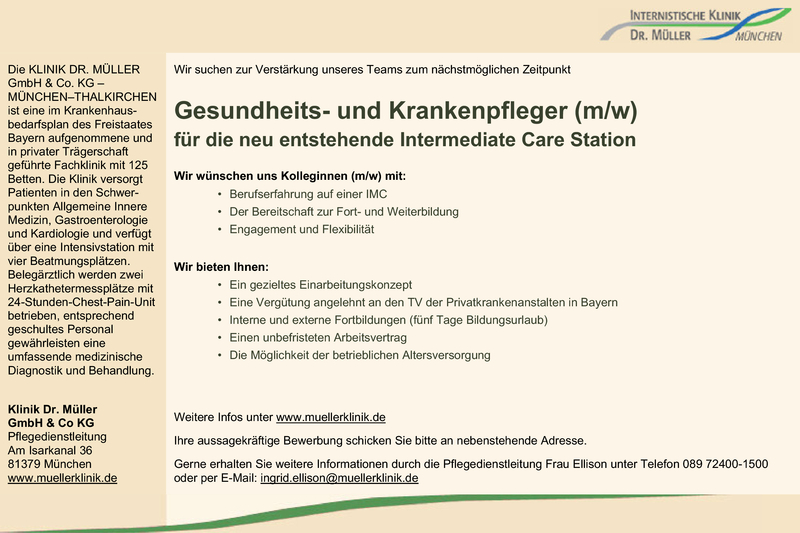 Stellenanzeige Gesundheits- und Krankenpfleger (m/w)  fr die neu entstehende Intermediate Care Station