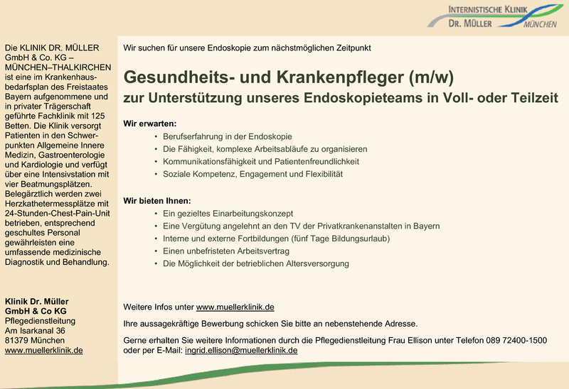 Stellenanzeige Gesundheits- und Krankenpfleger (m/w) zur Untersttzung unseres Endoskopieteams in Voll- oder Teilzeit