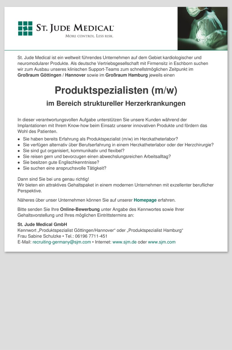 Stellenanzeige Produktspezialisten (m/w) im Bereich struktureller Herzerkrankungen