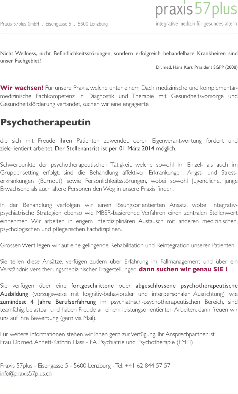Stellenanzeige Psychotherapeutin