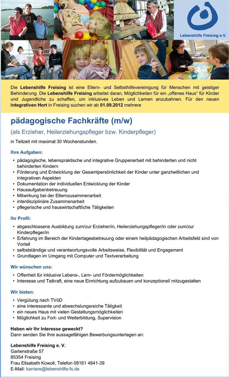Stellenanzeige pädagogische Fachkräfte (m/w)