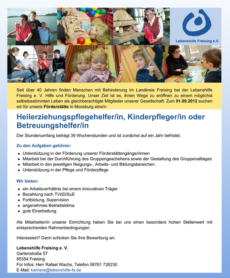 Stellenanzeige Heilerziehungspflegehelfer/in, Kinderpfleger/in oder Betreuungshelfer/in