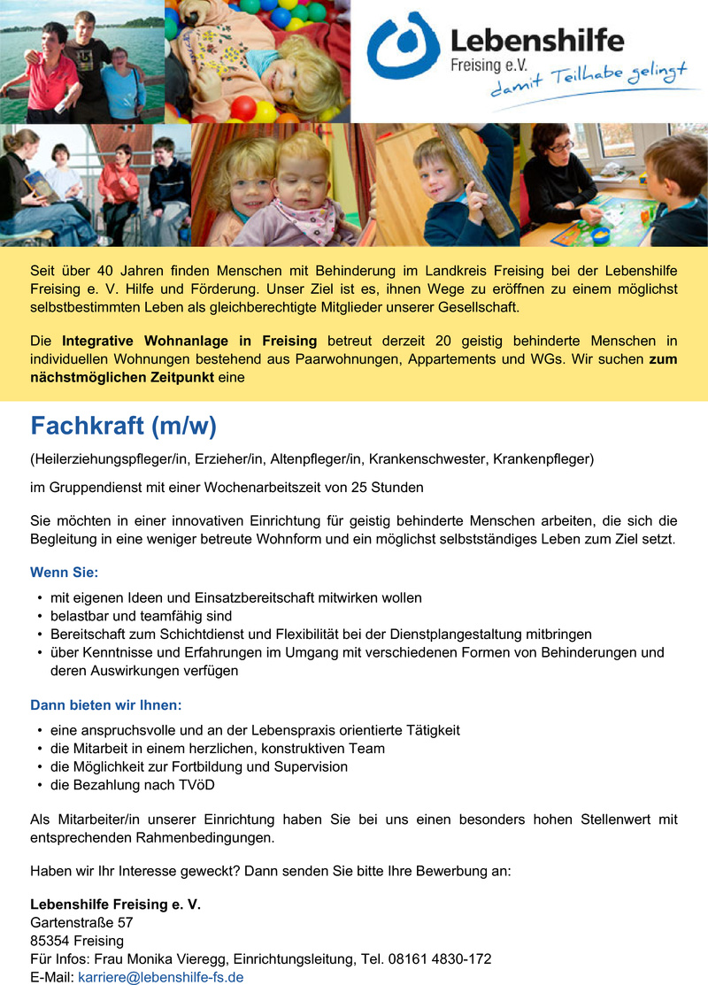 Stellenanzeige Fachkraft (m/w)  (Heilerziehungspfleger/in, Erzieher/in, Altenpfleger/in, Krankenschwester, Krankenpfleger) 