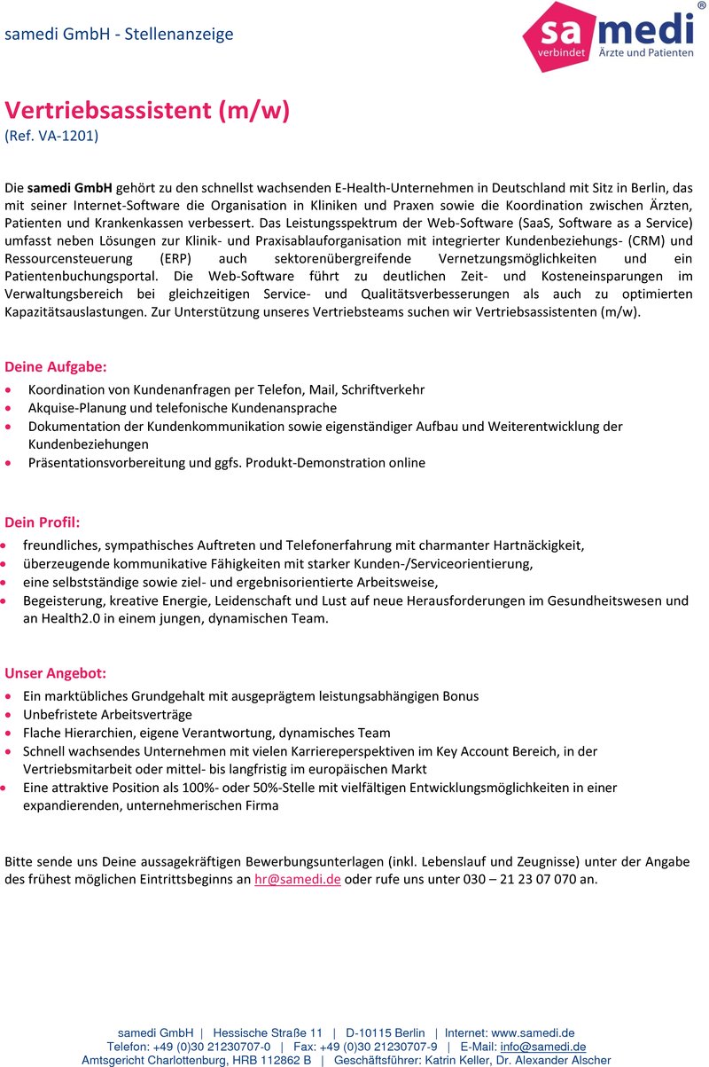 Stellenanzeige Vertriebsassistent/in