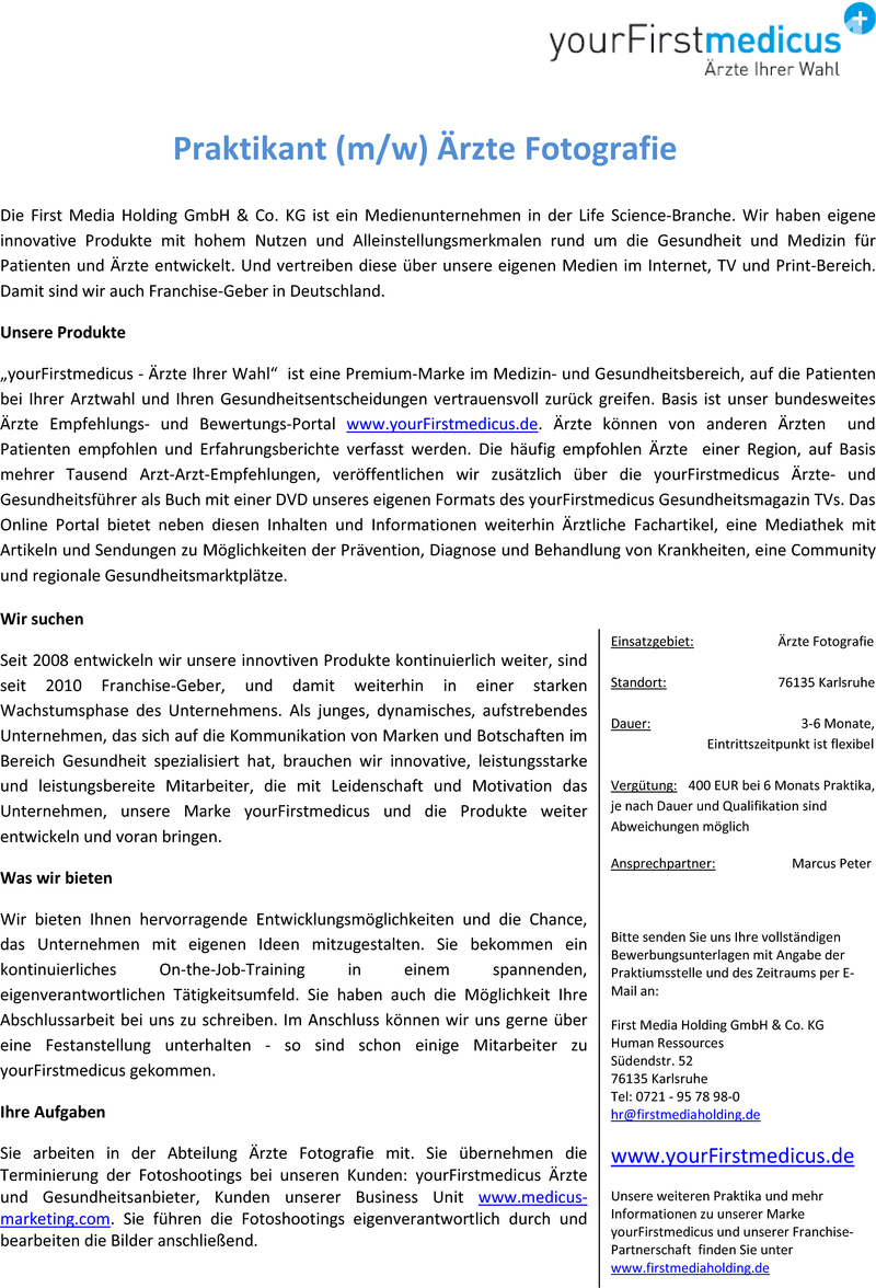 Stellenanzeige Praktikant (m/w) �rzte Fotografie