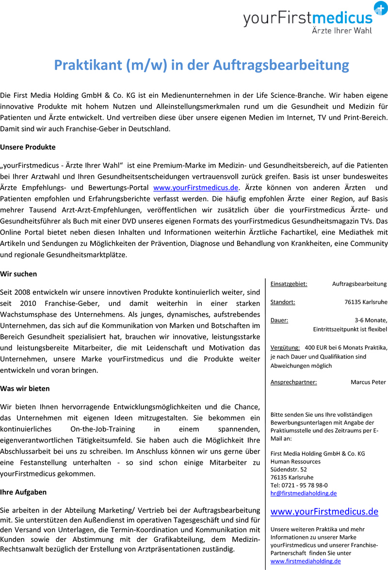 Stellenanzeige Praktikant (m/w) in der Auftragsbearbeitung