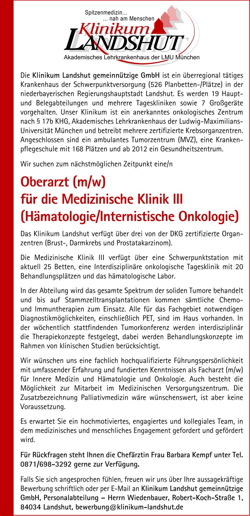 Stellenanzeige Oberarzt Hmatologie/Onkologie