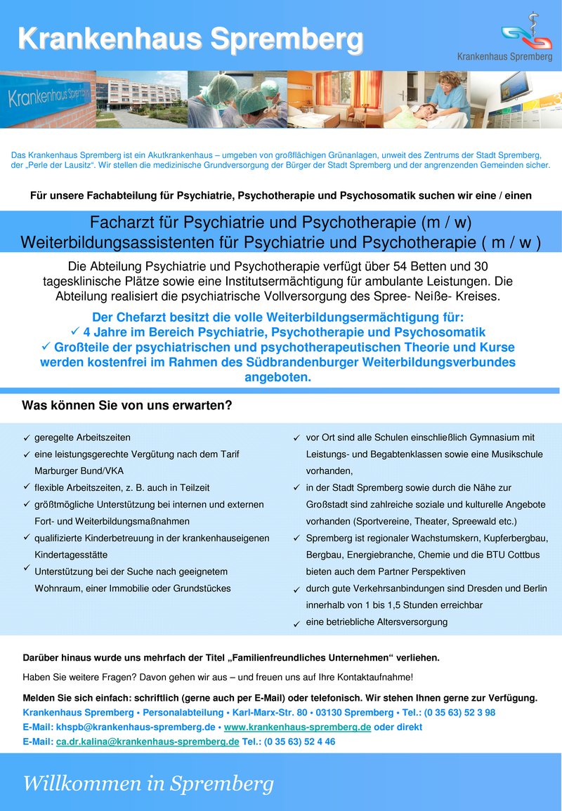 Stellenanzeige Facharzt oder Weiterbildungsassistent für Psychiatrie und Psychotherapie ( m / w )
