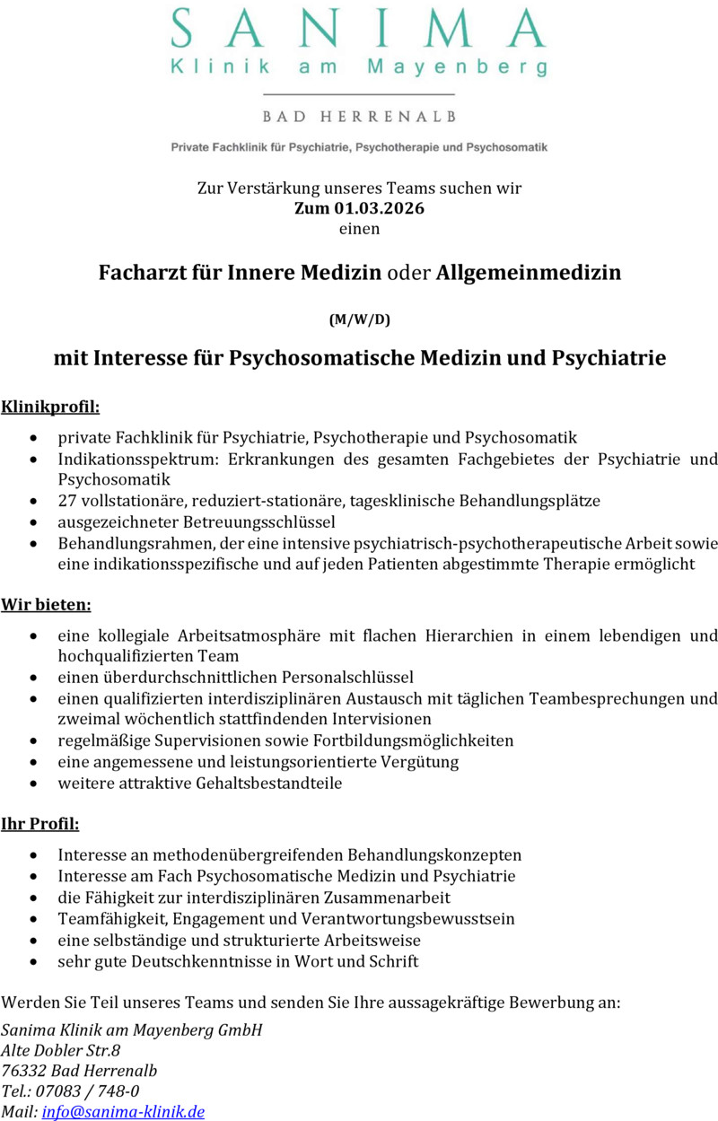 Stellenanzeige Facharzt fr Innere Medizin oder Allgemeinmedizin (m/w/d)
