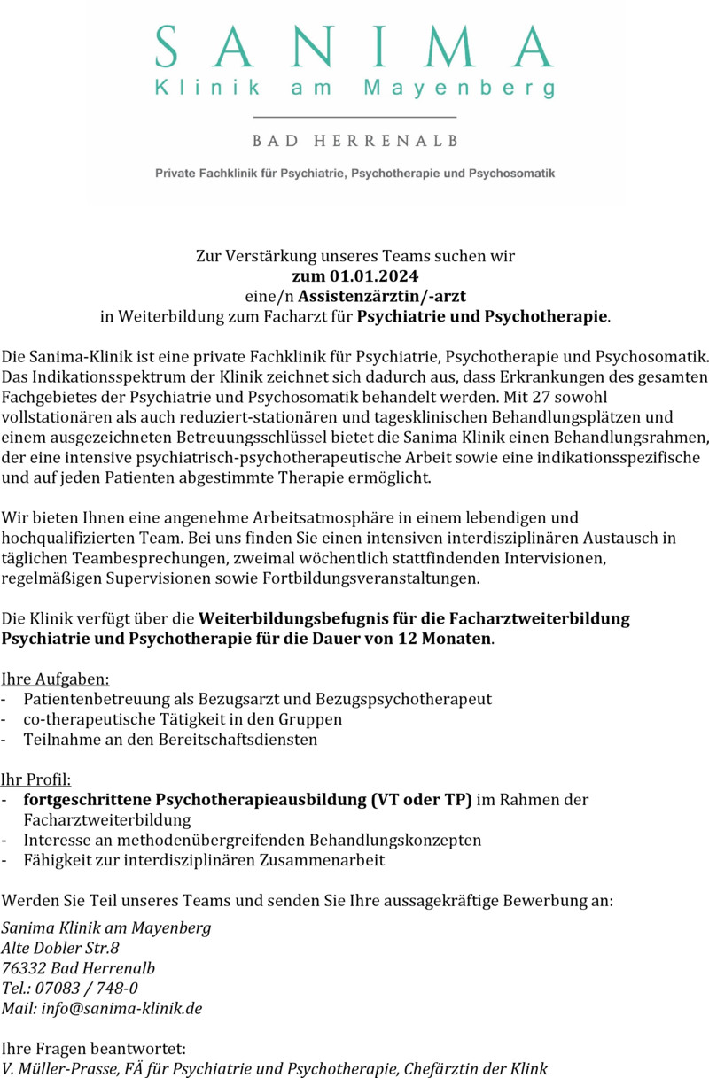Stellenanzeige Assistenzärztin/-arzt für Psychiatrie und Psychotherapie