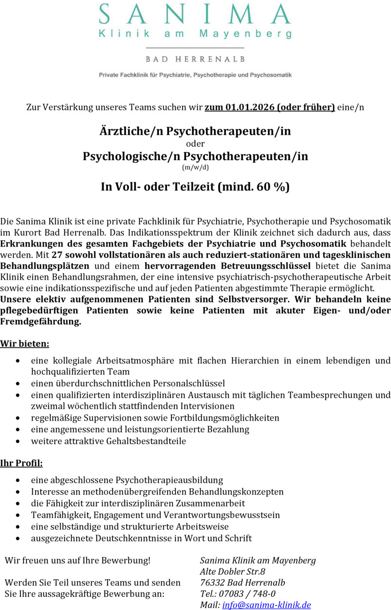 Stellenanzeige Psychologischer oder rztlicher Psychotherapeut (m/w/d)