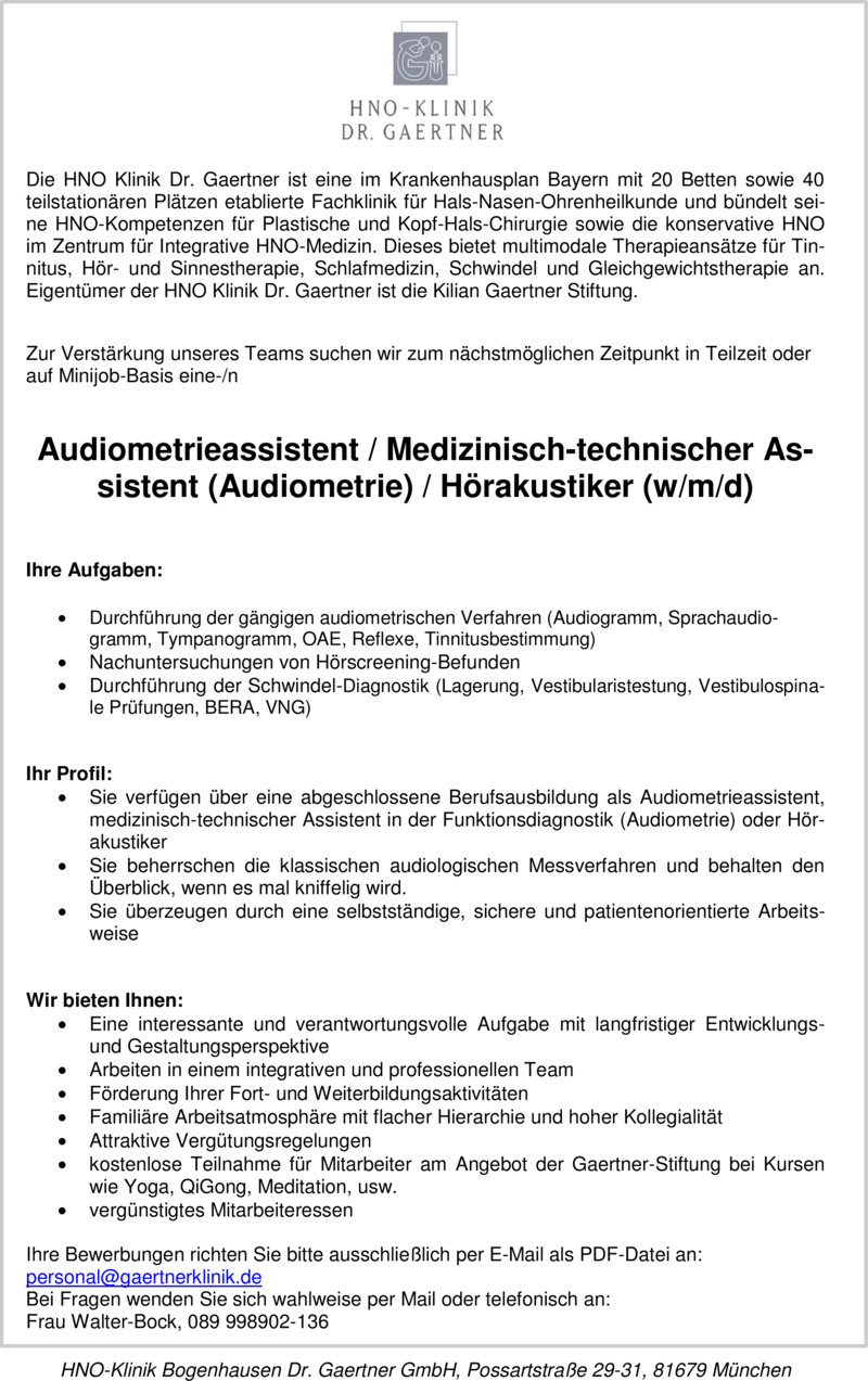 Stellenanzeige Audiometrieassistent / Medizinisch-technischer Assistent (Audiometrie) / Hrakustiker (w/m/d)