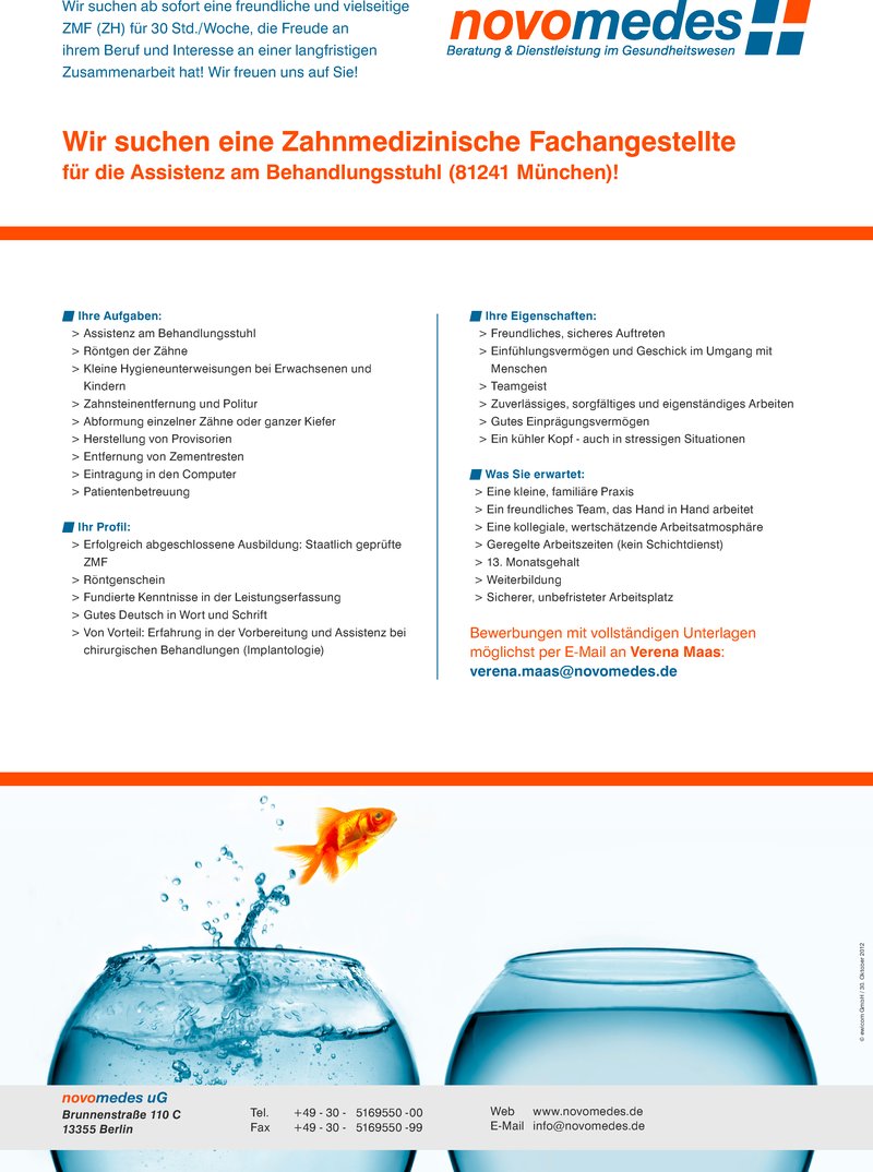 Stellenanzeige Zahnmedizinische Fachangestellte fr Assistenz in 81241 Mnchen