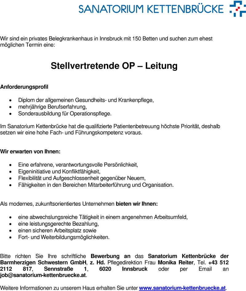 Stellenanzeige Stellvertretende OP-Leitung