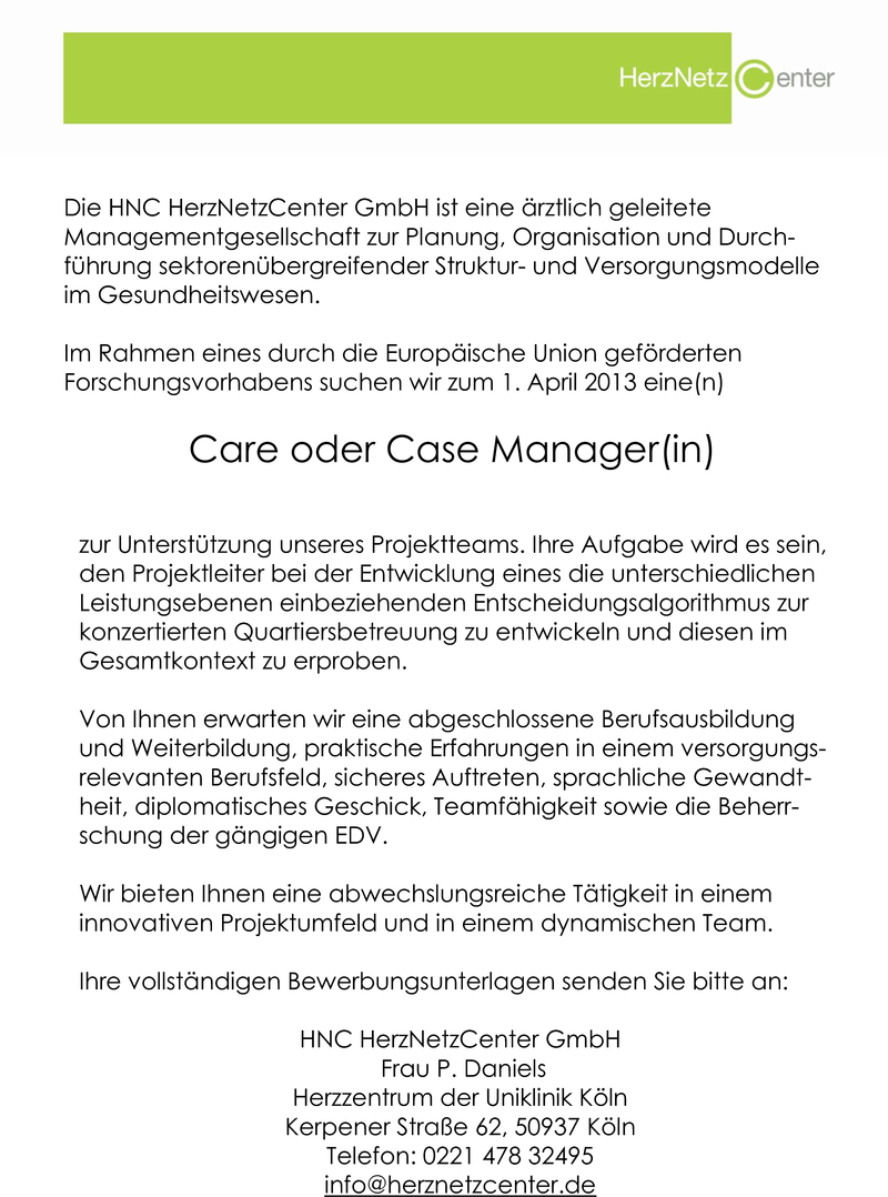 Stellenanzeige Care oder Case Manager(in)