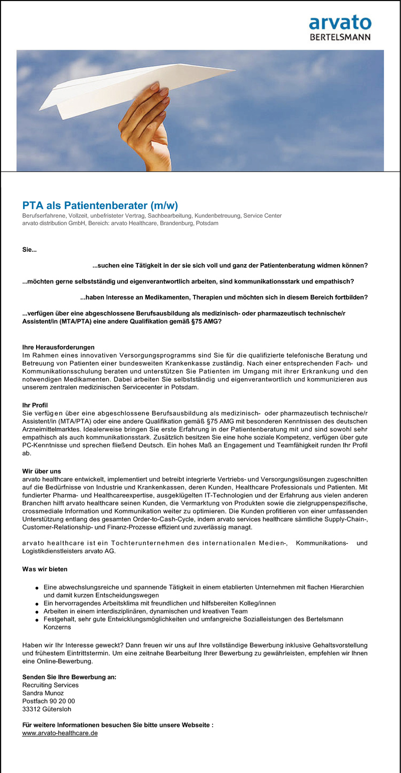 Stellenanzeige PTA als Patientenberater (m/w)