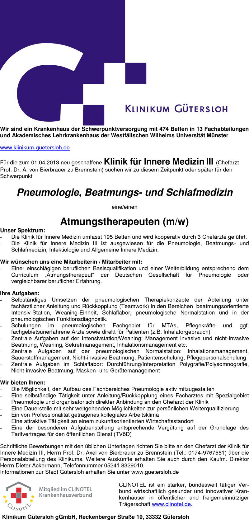 Stellenanzeige Atmungstherapeuten (m/w)