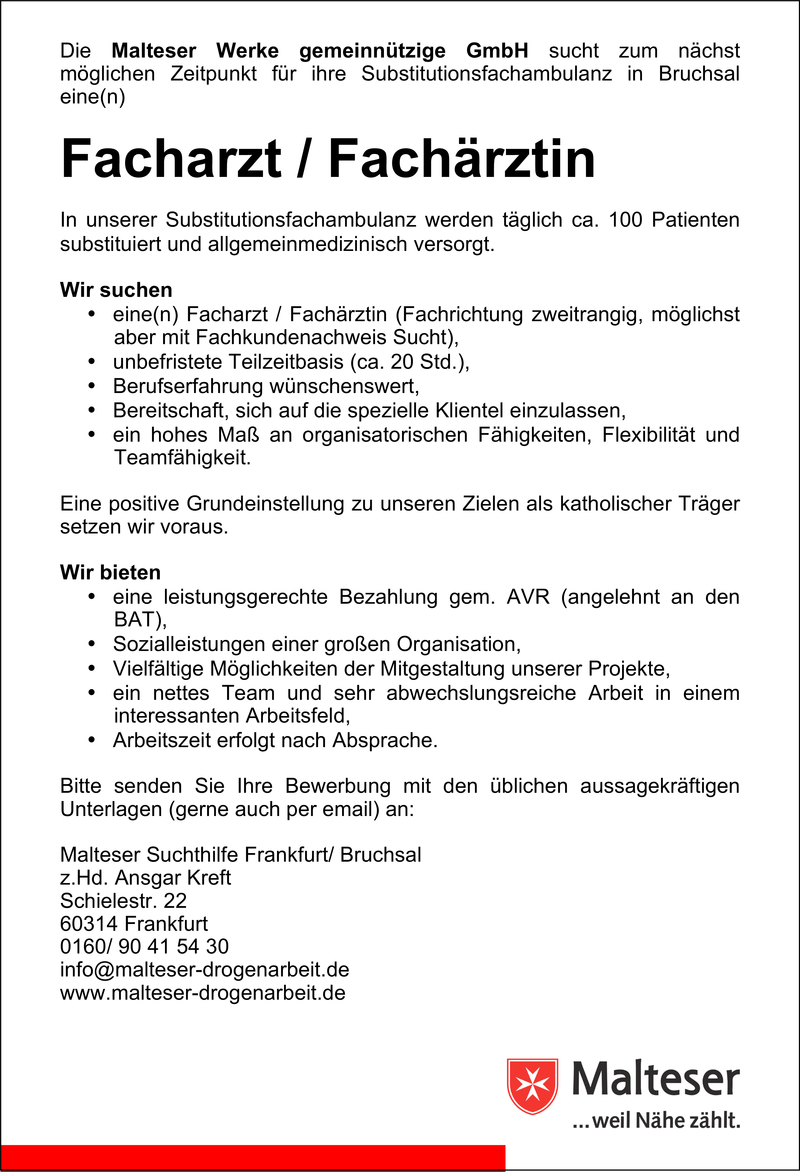 Stellenanzeige Facharzt für Substitutionsambulanz