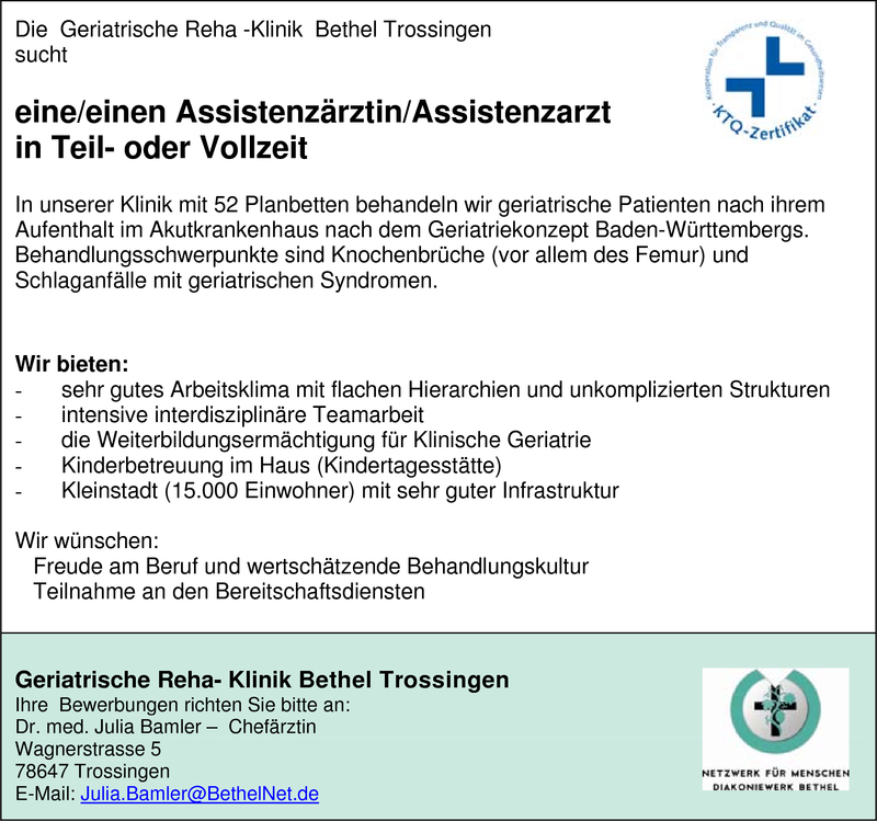 Stellenanzeige eine/einen Assistenzrztin/Assistenzarzt in Teil- oder Vollzeit