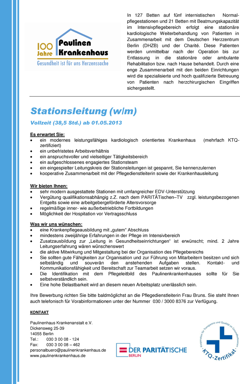 Stellenangebot Stationsleitung W M In Berlin Job