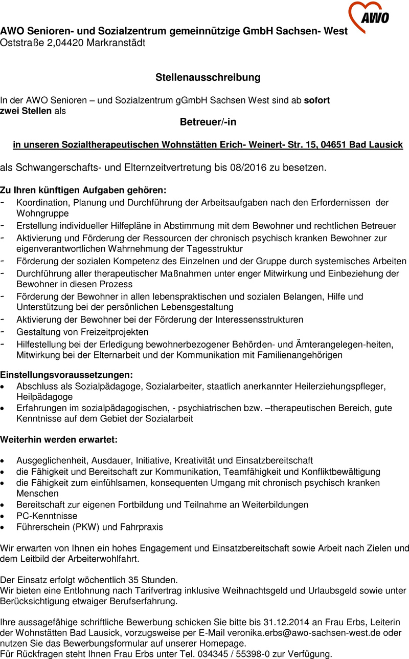 Stellenanzeige Betreuer 