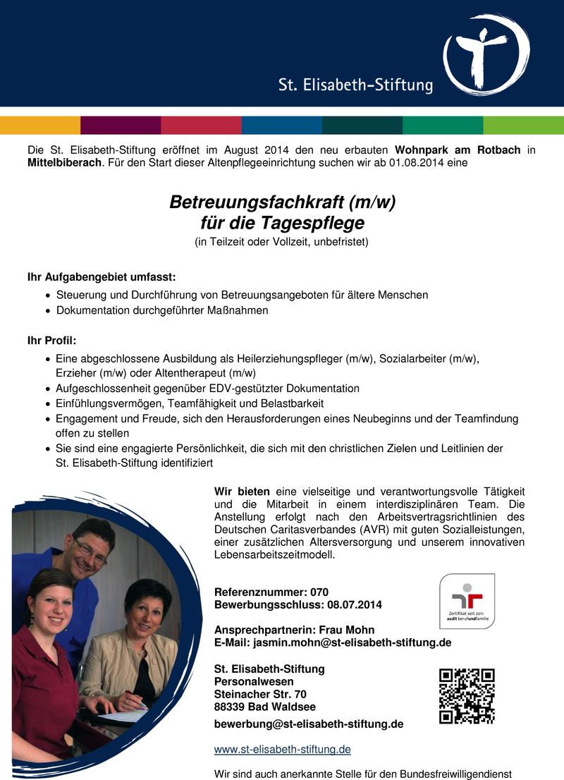Stellenanzeige Betreuungsfachkraft (m/w) f�r die Tagespflege