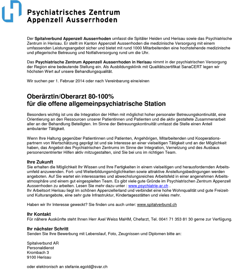 Stellenanzeige Oberarzt fr offene allgemeinpsychiatrische Station
