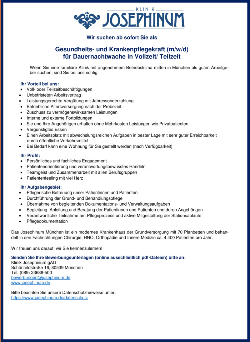 Stellenangebot Gesundheits Und Krankenpflegerin Krankenpfleger Fur Dauernachtwache In Vollzeit Teilzeit In Munchen Job
