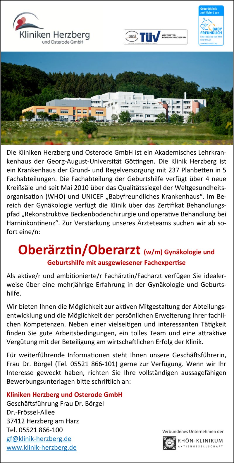 Stellenanzeige Ober�rztin/Oberarzt Gyn�kologie und Geburtshilfe
